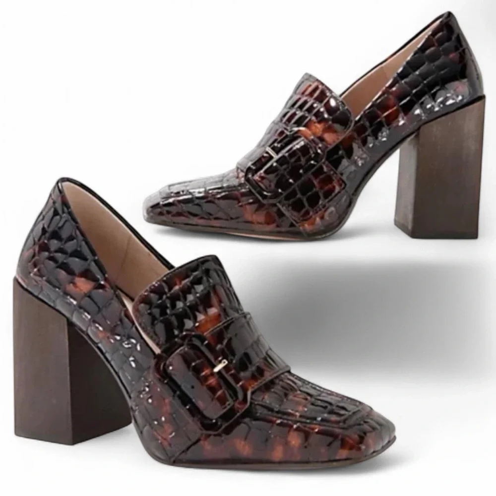 Louise et Cie Ovidio Tortoise Croc Embossed Leather Loafer Heels 7